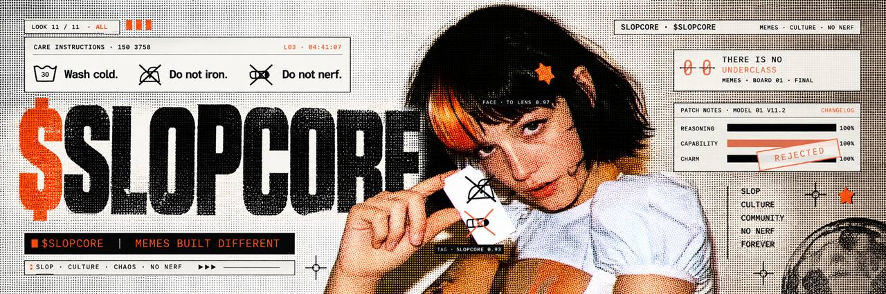 Wide $SLOPCORE artwork with orange and black typography, care labels and halftone portrait