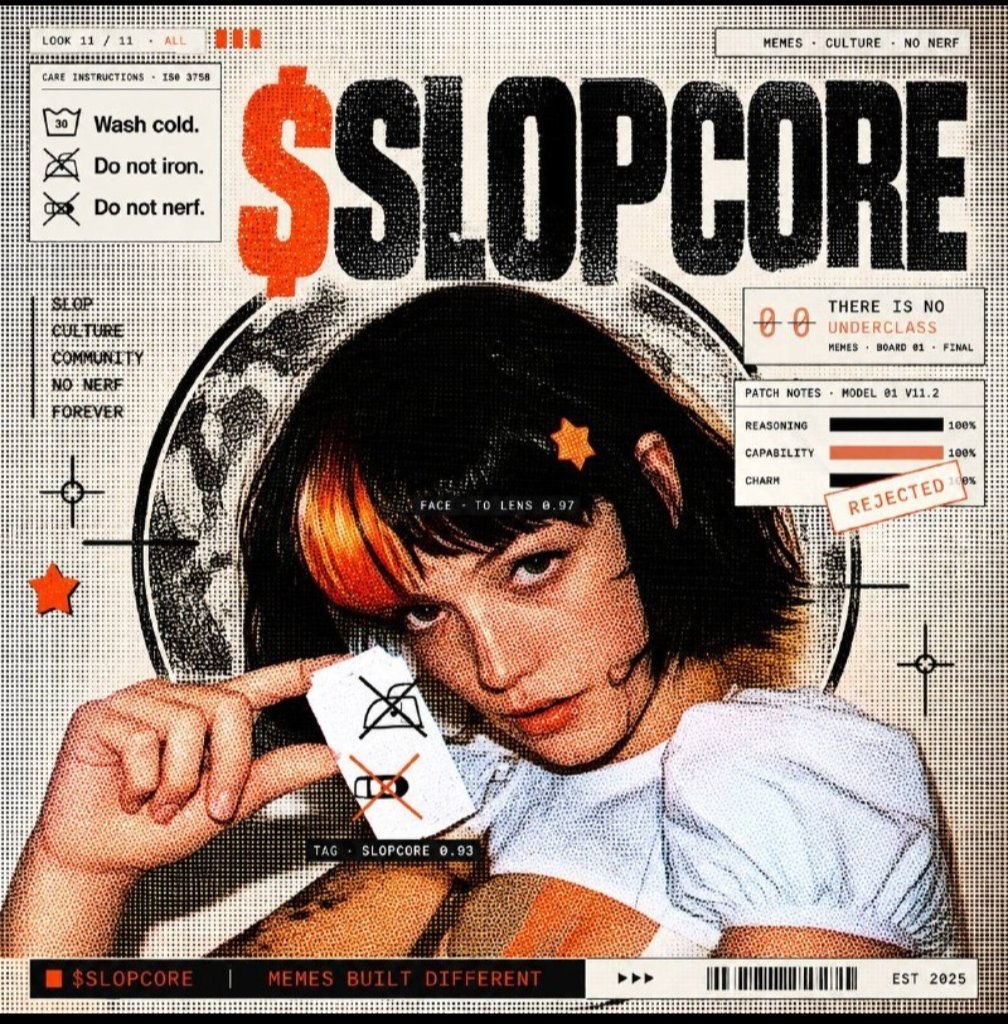 $SLOPCORE halftone poster featuring a girl with black and orange hair holding a do not nerf label