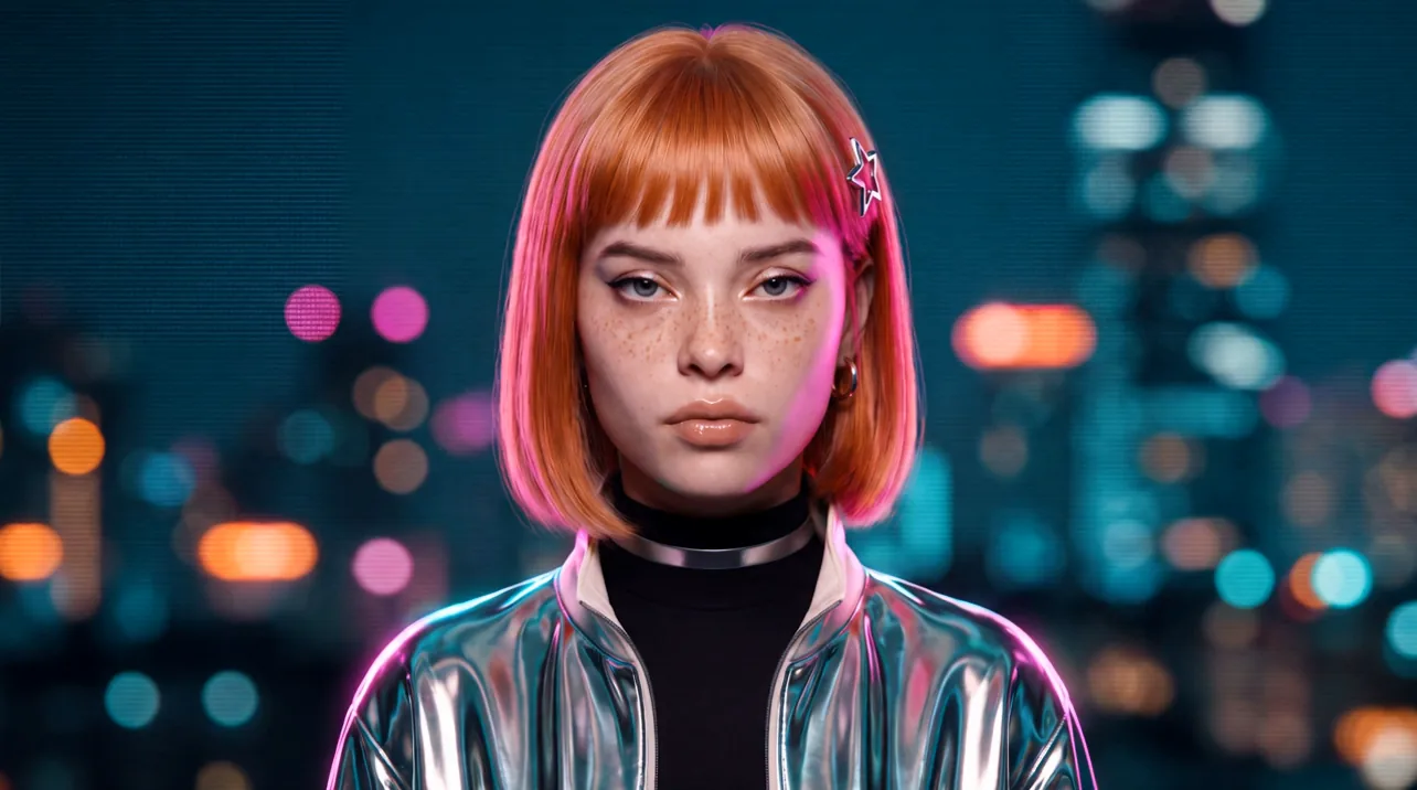 Model 01: copper-orange bob, freckles, metallic bomber jacket